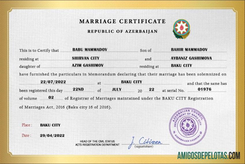 Certidão de Casamento do Azerbaijão exemplo
